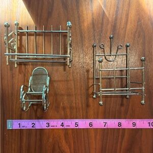 Vintage Brass-Tone Dollhouse Bed Frames + Rocking Chair | 1:12 Scale Metal Set